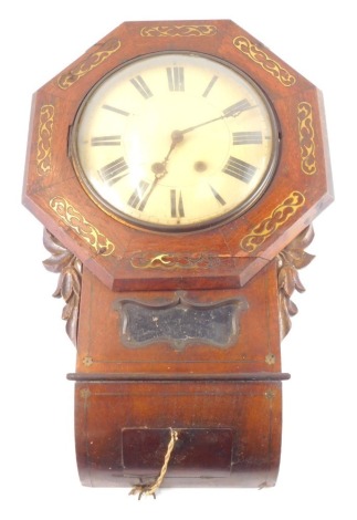 A Victorian rosewood and brass inlaid drop dial wall clock, circular dial bearing Roman numerals, eight day movement with coil strike, the case of octagonal form, with glass set drop section, flanked by foliate carving, with key, 60cm high.