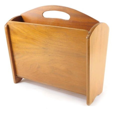 A mid century John Watts of Sheffield plywood two division magazine rack, with lift up sides, bears label, 40cm wide.