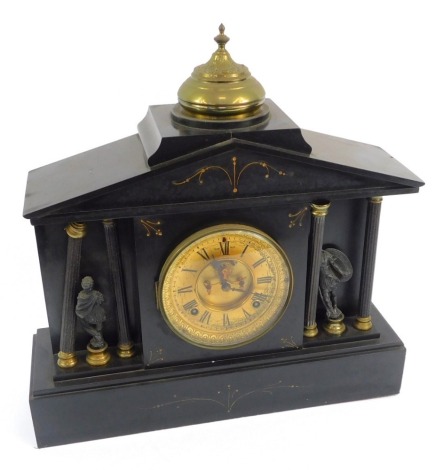 A Victorian slate mantel clock, circular brass dial with visible brocot escapement, chapter ring bearing Roman numerals, Ansonia Clock Company eight day movement with coil strike, the case of architectural form with fluted column supports and classical st