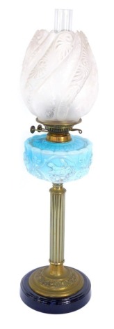 A 19thC Veritas brass and turquoise blue opaline glass oil lamp, on a socle base, with brass fluted column, with floral and bird reservoir, with chimney and spiral fluted frosted and etched glass shade, 77cm high.