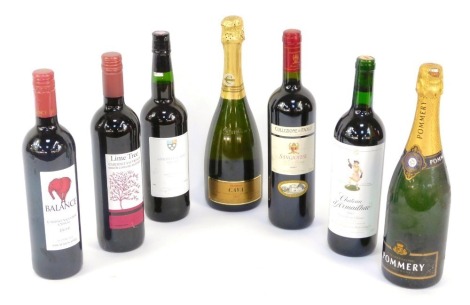 A group of alcohol, comprising a Balance Shiraz 2010, a Chateau D'Armailhac Pauillac 1998, a Lime Tree Cabaret Sauvignon, Amontillado Sherry, Champagne Pommery, a Sainsbury's cava, and a Sangiovese 2007. (7)