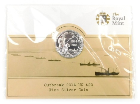 A Royal Mint Outbreak of World War I UK fine silver twenty pound coin 2014.