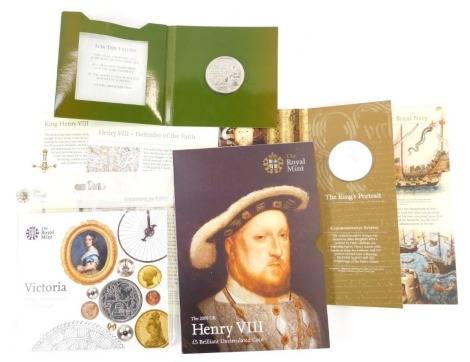 A Royal Mint Queen Victorian Bicentenary of Her Birth five pound coin 2019, Henry VIII brilliant uncirculated five pound coin 2009, Centenary of the First World War 1914-1918 five pound coin. (3)