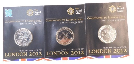 Three Royal Mint Countdown to London 2012 Olympics five pound coins 2011.