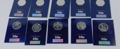 A collection of fifty pence coins, including Peace Prosperity and Friendship, The Snowman, Piglet, Paddington Bear, The Gruffalo, Beatrix Potter, and Wallace and Gromit. - 2