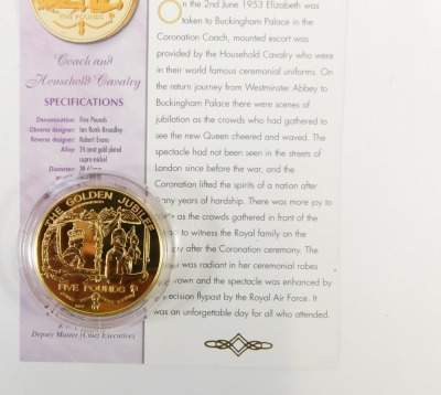 Two Bailiwick of Guernsey Golden Jubilee silver gilt five pound coins 2002, and four silver Golden Jubilee five pound coins. (6) - 2