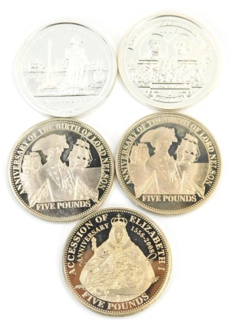 Two Anniversary of the Birth of Lord Nelson five pound coins 2008, Lord Nelson British Virgin Islands ten dollar coin 2005, Isle of Man crown 2005, together with an Accession of Elizabeth I commemorative five pound coin 2008.