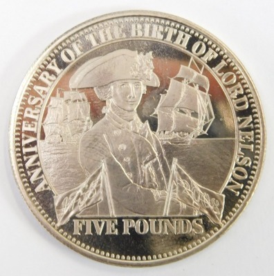 Two Anniversary of the Birth of Lord Nelson five pound coins 2008, Lord Nelson British Virgin Islands ten dollar coin 2005, Isle of Man crown 2005, together with an Accession of Elizabeth I commemorative five pound coin 2008. - 3