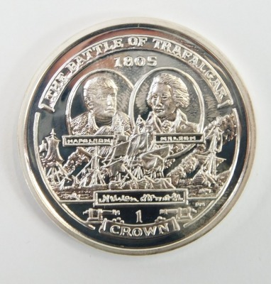 Two Anniversary of the Birth of Lord Nelson five pound coins 2008, Lord Nelson British Virgin Islands ten dollar coin 2005, Isle of Man crown 2005, together with an Accession of Elizabeth I commemorative five pound coin 2008. - 6