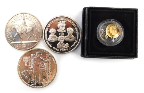 A Gibraltar Elizabeth II 80 Glorious Years crown 2006, Britannia one ounce two pound coin, Golden Jubilee five pound coin, miniature gilt half crown, with magnifier, boxed. (4)