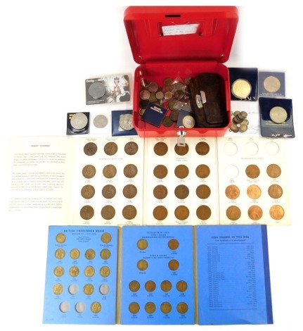 English, world, and commemorative coins, a Great Britain threepence brass partial coin collection, and a Great Britain Pennies 1926-1967 partial coin collection.