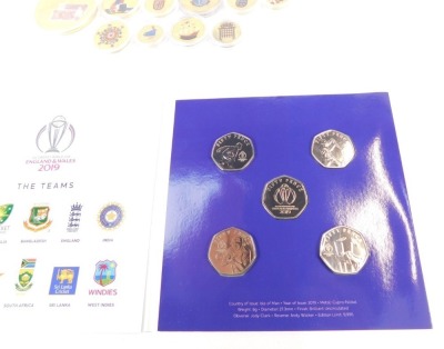 An ICC Cricket World Cup England and Wales official fifty pence coin collection 2019, Royal Mint The Longest Day D-Day two pound coin, a ten shilling banknote Portrait series Sea coin, number 08186, with certificate, and nine gold plated and colour accent - 2