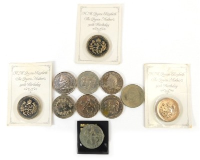 Three Royal Mint Her Majesty The Queen Mother's 90th Birthday five pound coins, two 100th Birthday five pound coins, and commemorative crowns for The Queen's Silver Jubilee, Marriages of His Royal Highness Prince Charles and Lady Diana Spencer, and His Ro