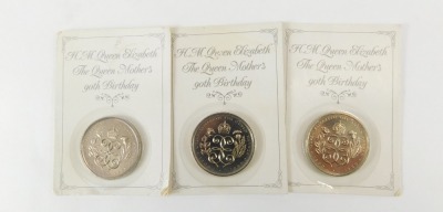 Three Royal Mint Her Majesty The Queen Mother's 90th Birthday five pound coins, two 100th Birthday five pound coins, and commemorative crowns for The Queen's Silver Jubilee, Marriages of His Royal Highness Prince Charles and Lady Diana Spencer, and His Ro - 3