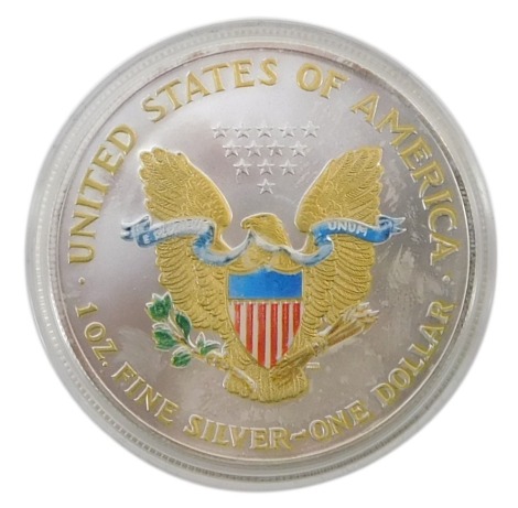 A USA coloured and gold eagle one dollar coin 2001, with certificate.