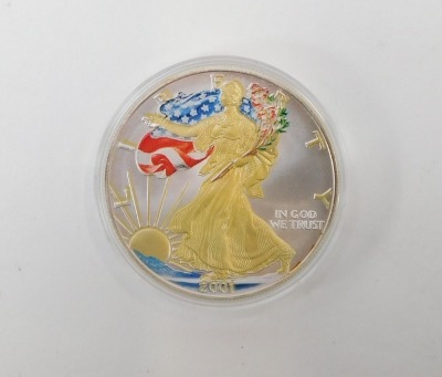 A USA coloured and gold eagle one dollar coin 2001, with certificate. - 2