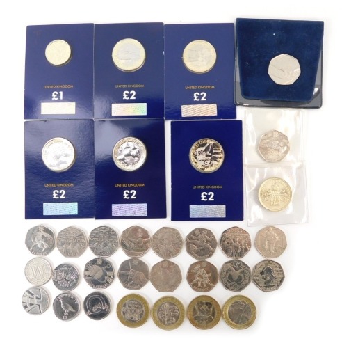 A group of collectable two pound, one pound, fifty pence, and ten pence coins, including Captain James Cooke, and Mayflower two pounds, The Last Round one pound, Battle of Britain, Sherlock Holmes, and Olympics fifty pence pieces, and Alphabet ten pence p