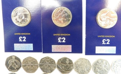 A group of collectable two pound, one pound, fifty pence, and ten pence coins, including Captain James Cooke, and Mayflower two pounds, The Last Round one pound, Battle of Britain, Sherlock Holmes, and Olympics fifty pence pieces, and Alphabet ten pence p - 3