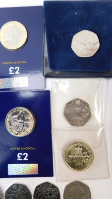 A group of collectable two pound, one pound, fifty pence, and ten pence coins, including Captain James Cooke, and Mayflower two pounds, The Last Round one pound, Battle of Britain, Sherlock Holmes, and Olympics fifty pence pieces, and Alphabet ten pence p - 4