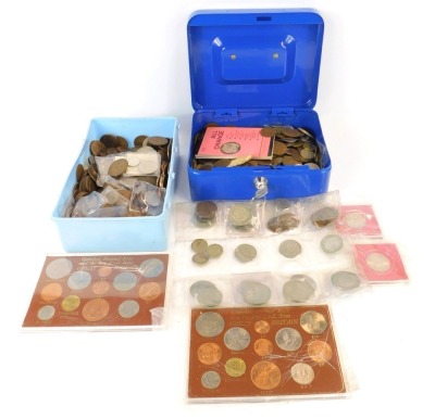 English pre decimal silver, nickel, and copper coinage, including half crowns, threepenny bits, pennies, post decimal one pound coins, and two sets of the Complete Decimal Issue and Last Pound .S.D issue coins. (a quantity)