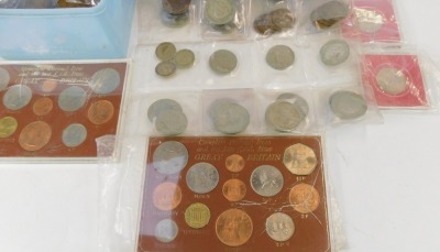 English pre decimal silver, nickel, and copper coinage, including half crowns, threepenny bits, pennies, post decimal one pound coins, and two sets of the Complete Decimal Issue and Last Pound .S.D issue coins. (a quantity) - 2