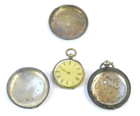 A Victorian silver Hunter pocket watch case, and a silver Continental fob watch with white ceramic dial, in floral case, 2.63oz all in. (AF)