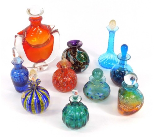 A group of Art glass scent bottles and stoppers, to include glass blowers GA39 scent bottle and stopper, orange glass scent bottle and stopper, Italian and other glass ware, etc. (a quantity)