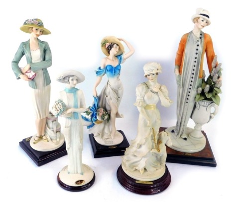 Five Florence Giuseppe Armani figures, comprising Mabel, Lady with Vase of Flowers, 2002 Figurine of the Year Joy, Wedding Flowers, and an unnamed example, the largest 32cm high, some boxed. (5)