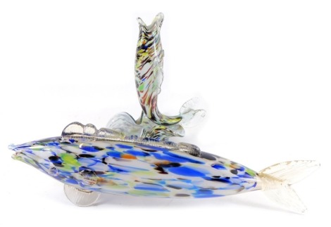 A Murano style glass fish, and a glass fish bowl.