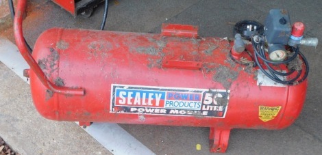 A Sealey Power Products 50lt air compressor, in red. (AF) Buyer Note: WARNING! This lot contains untested or unsafe electrical items. It is supplied for scrap or reconditioning only. TRADE ONLY