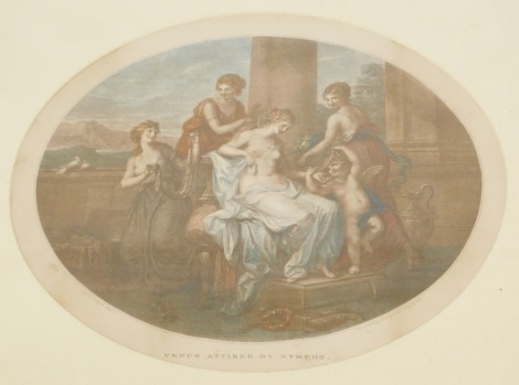 After Angelica Kauffman RA. Venus Attired by Nymphs, coloured engraving by Bartolozzi, in a Hogarth frame, 39cm x 47cm.