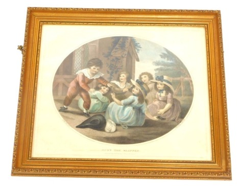 After W Hamilton. Hunt the slipper, coloured engraving by F Bartolozzi, published by W Palmer, London 1787, 41cm x 49cm.