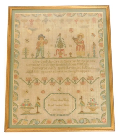 A George III sampler by Mary Anne Tuck, aged 12 years, 1812, showing a boy and girl flanking a tree in a pot, vases of flowers and further repeating flowers, and a text 'Give God Thy Great Creator Homage Due...and Self Conceitedness in Nought Appear', 41c