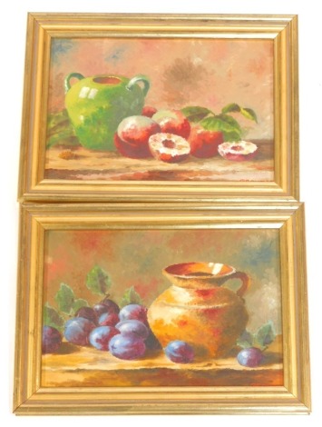 Grout. Still life of nectarines with a green vase; still life of Victoria Plums with a stoneware jug, pair of oils on canvas board, signed, 17cm x 26.5cm.