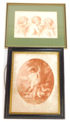 After GB Cipriani. Three putti, sepia engraving by F Bartolozzi, published London 1786, 20cm x 30cm, together with Euphrosine, after G Amiconi, sepia engraving by F Bartolozzi, published by James Birchall, London 1784, 37.5cm x 29cm. (2)