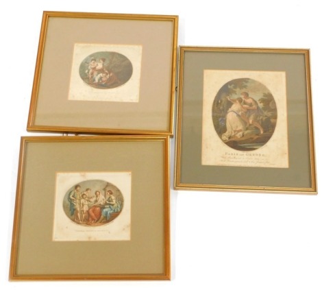 After Angelica Kauffman. Cupid Sleeping on Woman's Lap; Cornelia, Mother of the Gracchi, pair of coloured engravings by F Bartolozzi, 15cm x 16cm, together with Paris and Oenone, after Angelica Kauffman, coloured engraving by Bartolozzi, published by L Wa