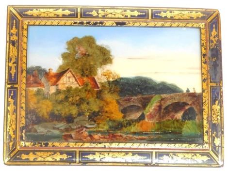 English School (19thC). Figures on a bridge with a timber framed house and landscape, mixed media, within a gilt lacquer frame, 16.5cm x 24.5cm.