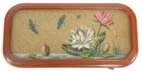 A Victorian mahogany and bead work table stand, decorated with water lilies and butterflies, raised on four bun feet, 56cm wide.