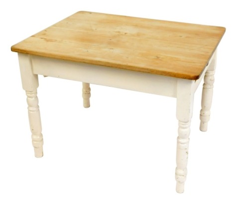 A rustic pine kitchen table, on a white painted base, with stripped top, 75cm high, 106cm wide, 84cm deep.