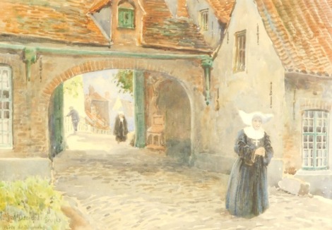 W Cecil Dunford (1885-1969). The entrance to the Beguinage, Bruges with figures, watercolour, signed and inscribed, 26cm x 37cm