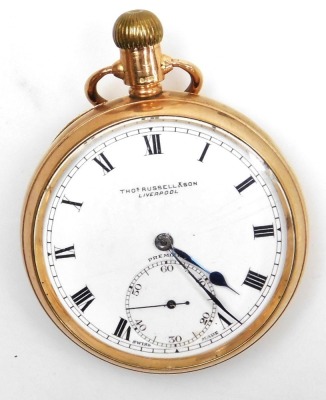 A George V 9ct gold cased pocket watch, open faced, keyless wind, circular white enamel dial marked Thos Russell and Son, Liverpool, the dial with Roman numerals, subsidiary seconds dial, the case of plain form, gold cuvette, movement signed Thomas Russel - 4