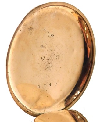 A George V 9ct gold cased pocket watch, open faced, keyless wind, circular white enamel dial marked Thos Russell and Son, Liverpool, the dial with Roman numerals, subsidiary seconds dial, the case of plain form, gold cuvette, movement signed Thomas Russel - 5