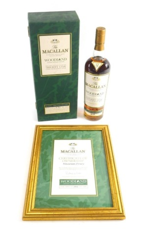 A bottle of the Macallan Woodland Estate limited edition single malt Scotch whisky, 40% volume, with certificate and outer case, 70cl, number 432/1000.