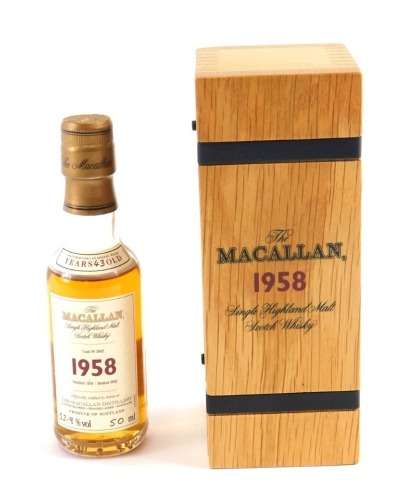 A miniature bottle of the Macallan 1958 single Highland malt Scotch whisky, 52.9% volume in outer case, 50ml.