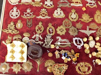 A quantity of various cap badges, early 20thC, to include Quis Separabit, 5cm high, various other regiments, Army Service, Royal Corps De Signals, various other, on a velvet frame backing, with various buttons, badges, stick pins, etc. (a quantity) - 5