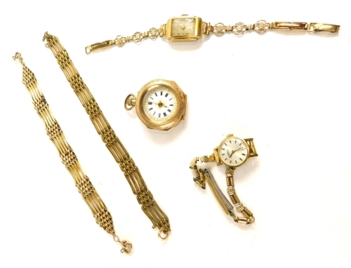 An early 20thC fob watch, with 3cm diameter fancy Roman numeric dial, in chased cased marked 14c, a rolled gold gate bracelet, another similar, cocktail watch, and another. (a quantity)