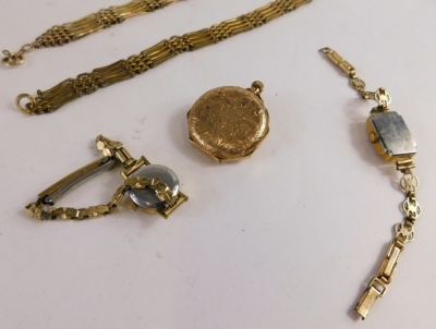 An early 20thC fob watch, with 3cm diameter fancy Roman numeric dial, in chased cased marked 14c, a rolled gold gate bracelet, another similar, cocktail watch, and another. (a quantity) - 2