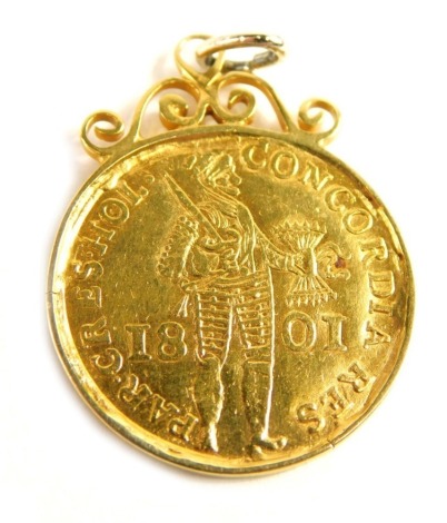 A Dutch ducat trade token marked 1801, in unmarked scroll mount, 3cm high.