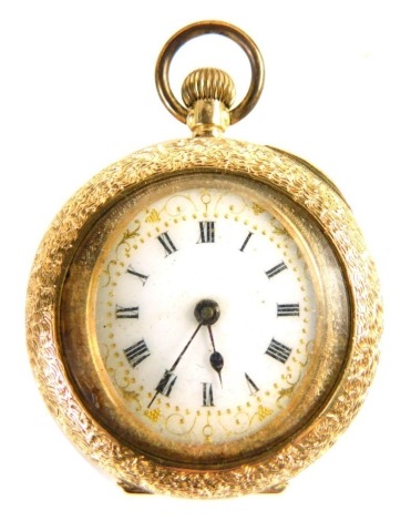 An early 20thC fob watch, with 2cm diameter Roman numeric dial, plain hook top, marked 14k, 5cm high, 28.4g all in.