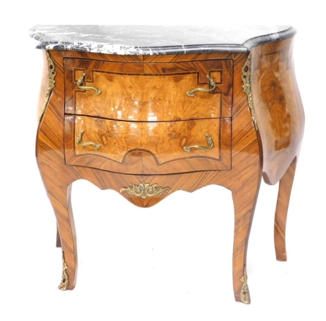 A 20thC Continental kingwood and burr walnut bombe shaped commode, the marble top with a moulded edge, above two drawers, flanked by gilt metal mounts to corners, on cabriole legs with sabot, 78cm high, 82cm wide.